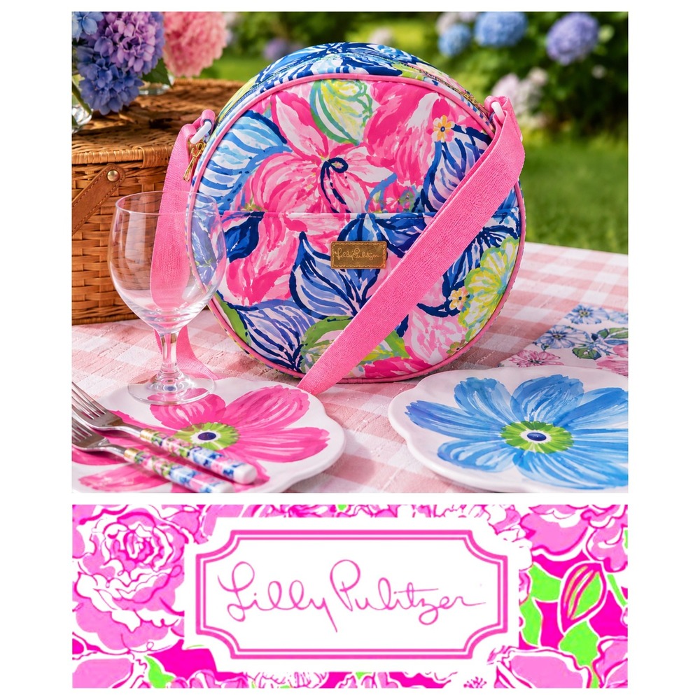 Lilly Pulitzer Havana Cocktail Picnic Bag Wine Glasses/Silverware & 2 Plates NEW